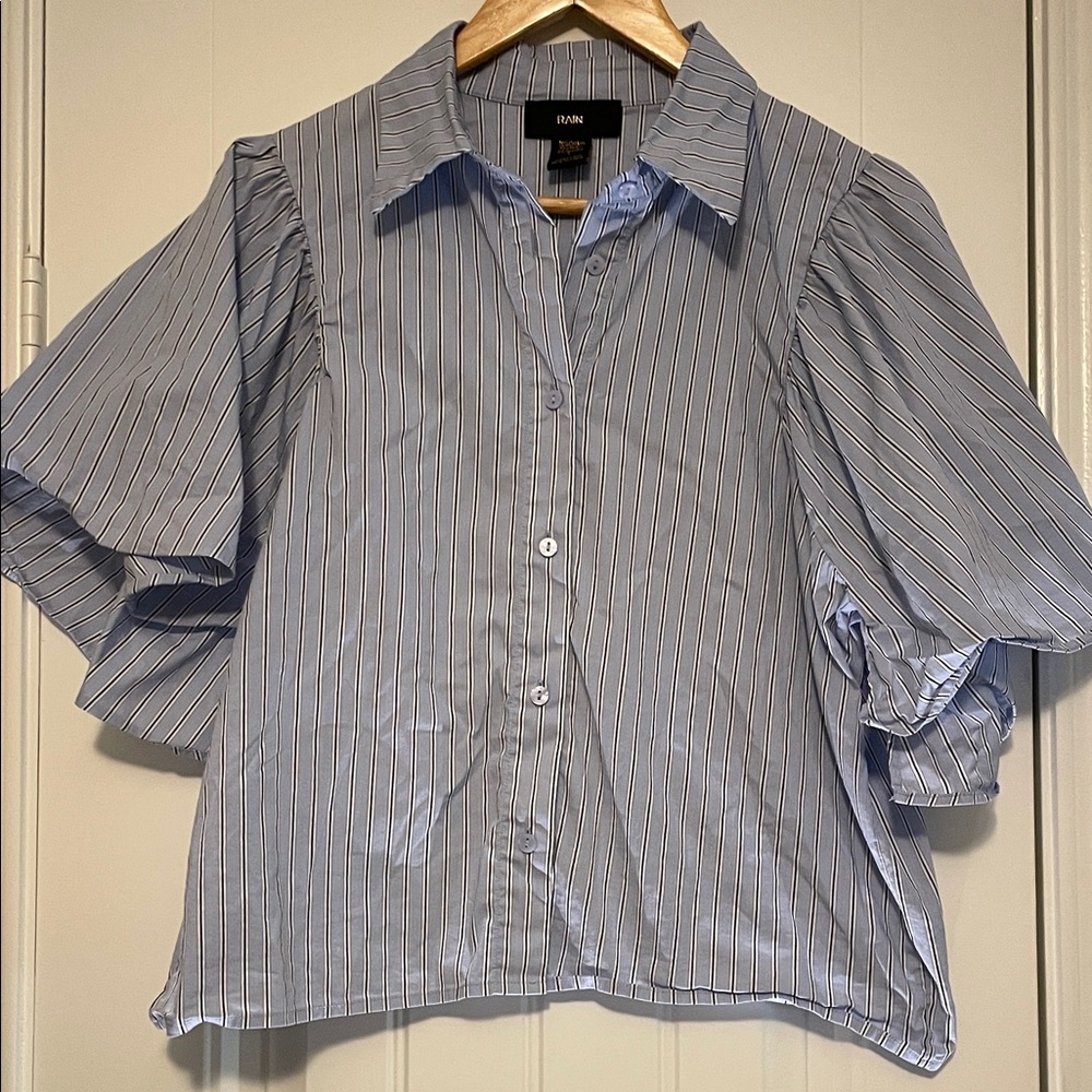 Rain Blue and White Striped Puff-Sleeve Button Down Shirt